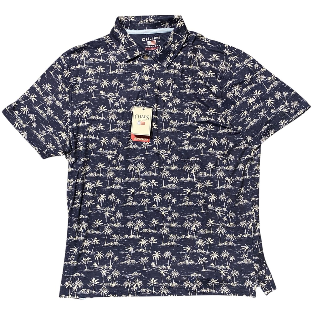Chaps Mens Everyday Performance Polo Shirt Navy Palm Tree Print Size XL NWT